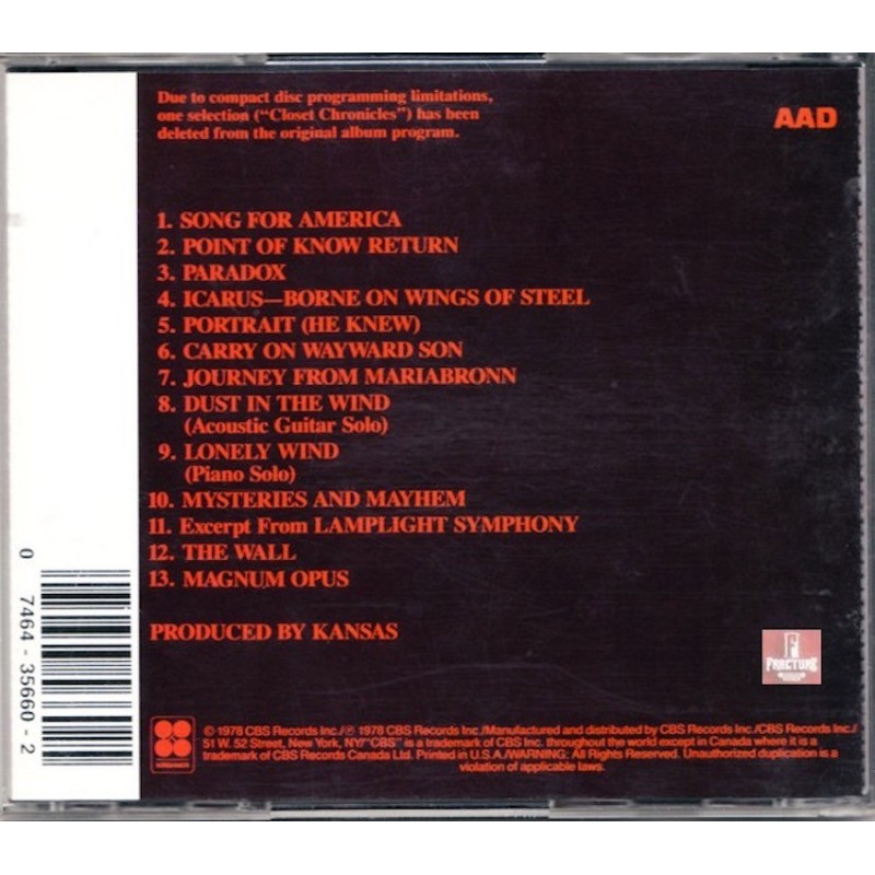 KANSAS ‎– TWO FOR THE SHOW CD